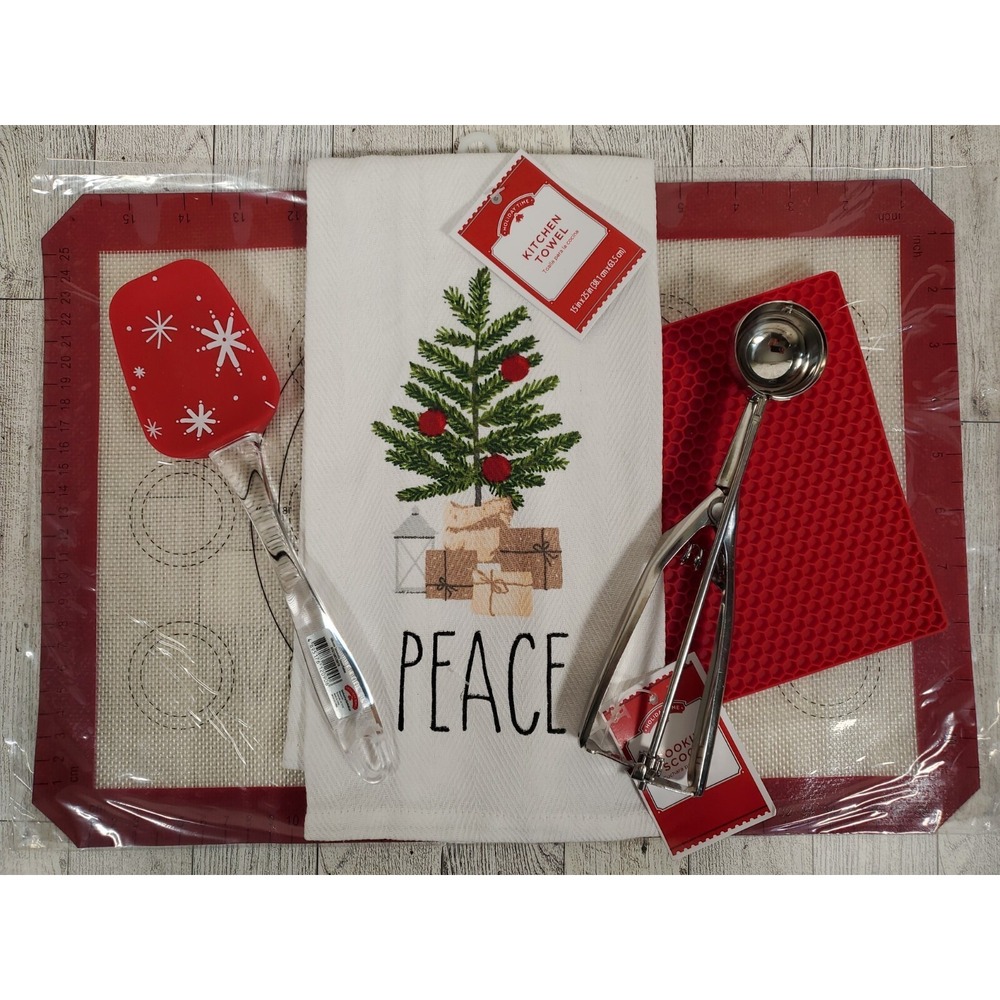 Kitchen Gift Set Silicone Mat Spatula Peace Towel Trivet Cookie Scoop Christmas